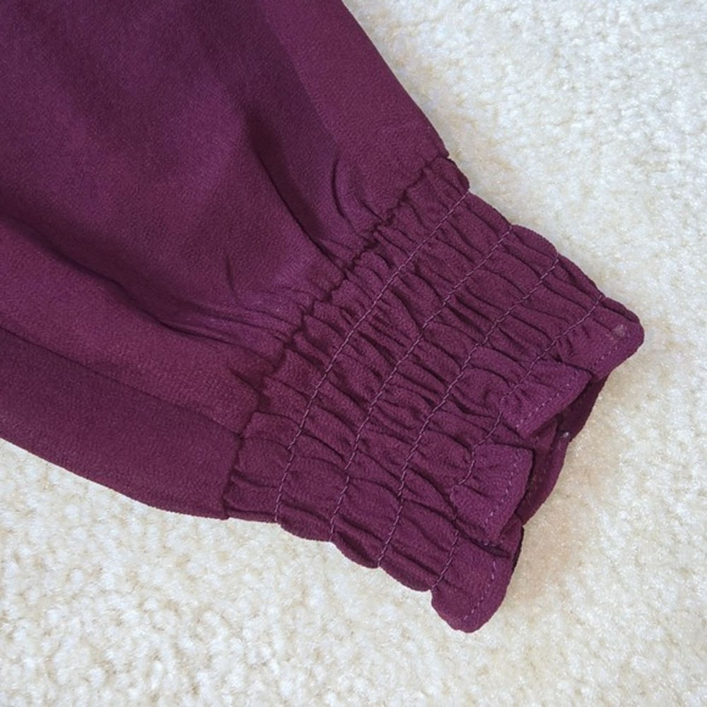 ALLISON JOY Womens Plum Pleated Ruffle Sleeve Keyhole Chiffon Blouse Top Size S - Picture 6 of 8